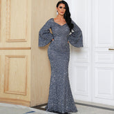 Elegant Sequ Toast Dress Mid Length Slimming Solid Color V neck Evening